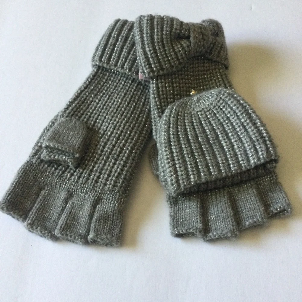 KATE SPADE METALLIC BOW POP TOP CONVERTIBLE MITTENS FINGERLESS GLOVES GRAY NWT